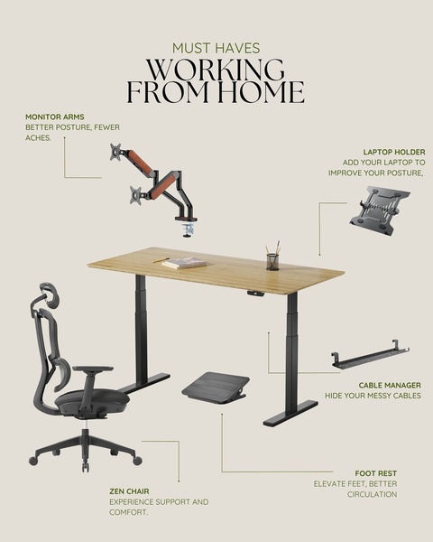 office furniture, desk chair set, workspace furniture, home office setup, ergonomic office, standing desk set, office accessories, bundle offer, product launch, minimalist, trustworthy, calm, neutral, brown
